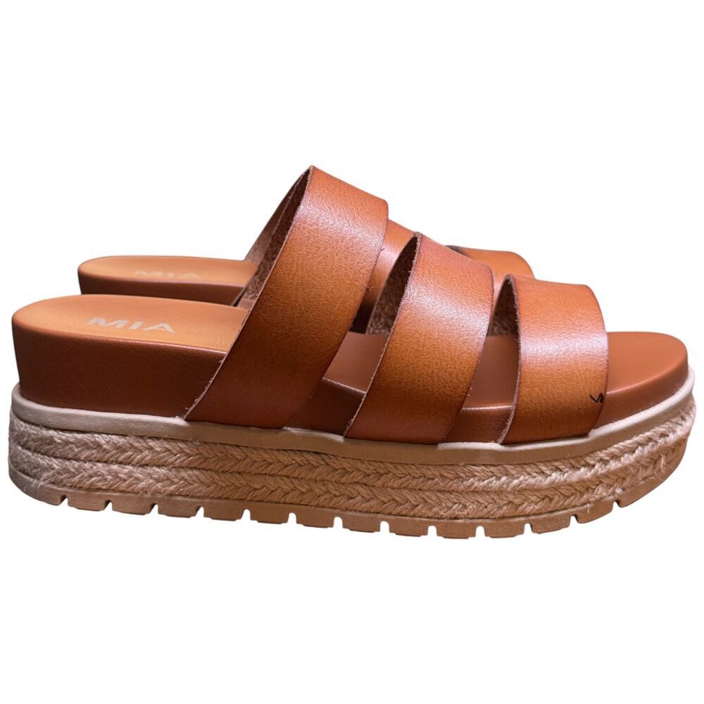 MIA Kaz Women's 9 Cognac Platform Espadrille Sandals 3 Straps Comfort